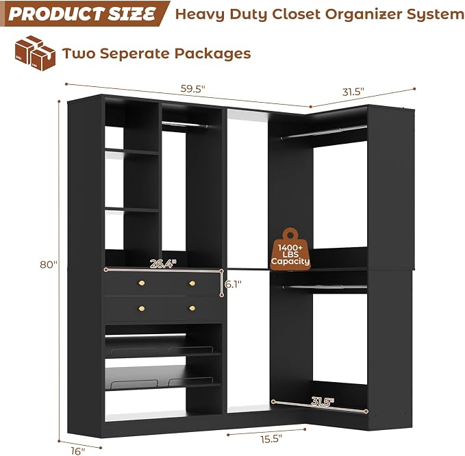 Besiost Closet System with 2 Drawers, 3 Hanging Rods, 59.5" * 31.5" Closet Organizer System with Corner Tower, Reversible L Shaped Walk-in Closet System, Corner Closet System Set of 2, Black