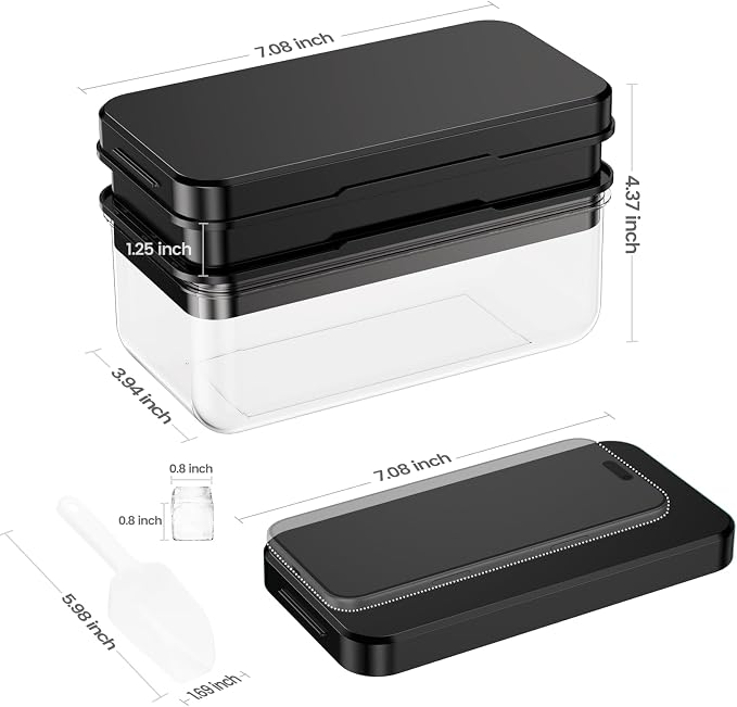 0.8“ Ice Cube Tray with Lid and Bin, PHINOX 56 Cubes Ice Trays for Freezer, Ice Cube Trays for Freezer with 2 trays, Container, Lid & Ice Scoop, BPA Free, Black(28Cubes/Tier)