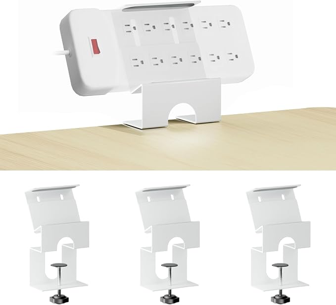 Power Strip Holder (4 Pack), No-Drill Clamp Mount for Power Strip, Under Desk Power Strip Holder, Fits 2"-4" Surge Protectors, for Desk Edge 0.2-2.56" (White)