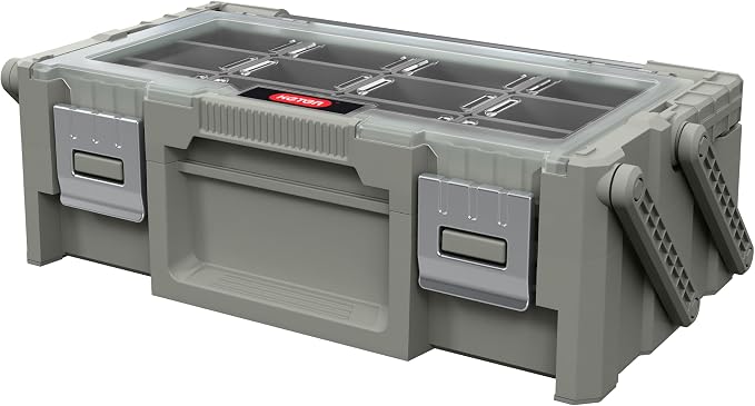 18" Cantilever Tool Box Organizer, Olive Green Heavy-Duty Tool Storage Box with 18 Removable Compartments, Metal Latches, Metal Carry Handle, Clear Lid & Two-Layer Full-Access Design