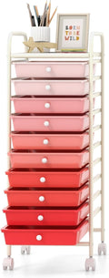 GOFLAME 10-Drawer Rolling Storage Drawer Cart, Utility Cart with Removable Drawers & Metal Frame, Mobile Art Craft Drawer Cart with Lockable Wheels for Home, Office, Studio, School, Pink
