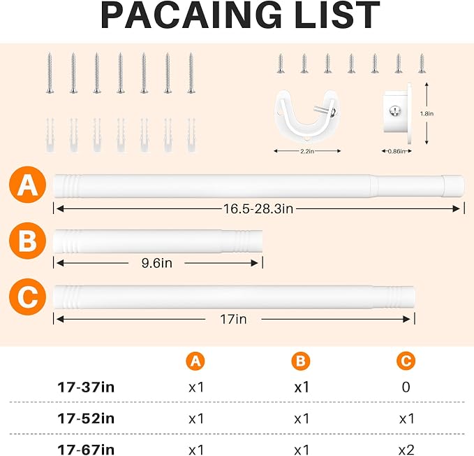 SUTINE Closet Rod, Closet Rods for Hanging Clothes, 17 to 52 inch Adjustable Closet Hanging Rod, Heavy Duty Clothes Rod Clothing Bar, Closet Poles for Hanging Clothes for Wardrobes, Shower Curtain