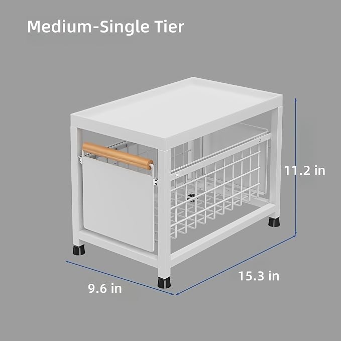 Pull Out Cabinet Organizer, Pull Out Basket Drawers for Cabinets, Slide Out Basket Drawers for Kitchen Cabinets, Under Sink Organizer for Kitchen, Bathroom (White Medium Single-tier)