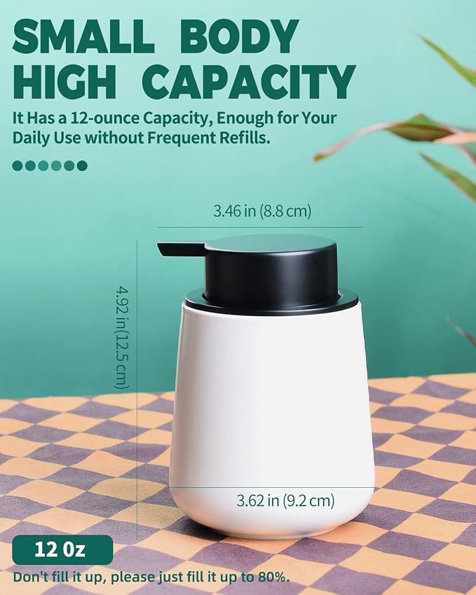 Bosilunlife 12Oz Ceramic Foam Soap Dispenser for Bathroom Kitchen Counter | Premium countertop foam pump creates delicate dense foam, stable desktop placement,Matte White