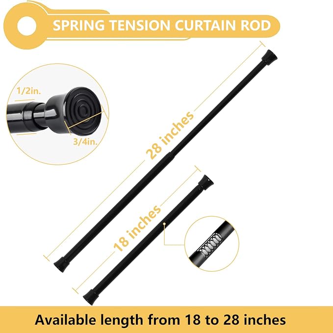 KXLife Tension Curtain Rod Adjustable 18-28", Small Spring Rod, 2Pcs | Black, No Drilling, Tool-Free Spring Fit, Non-Slip Ends, Suitable for Window, Kitchen, RV