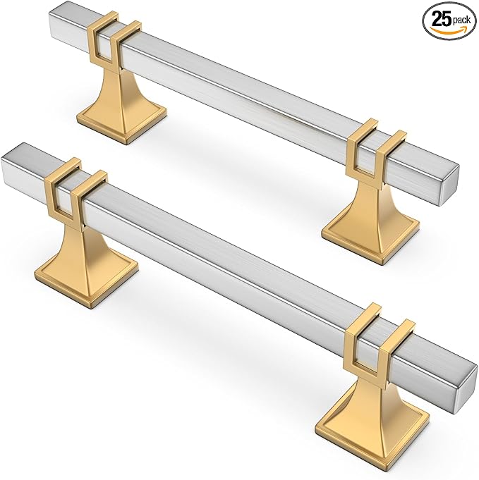 25 Pack 3-3/4 Inch Cabinet Pulls Brushed Nickel and Gold Cabinet Handles, Silver and Gold Dresser Drawer Pulls Brushed Nickel Kitchen Hardware