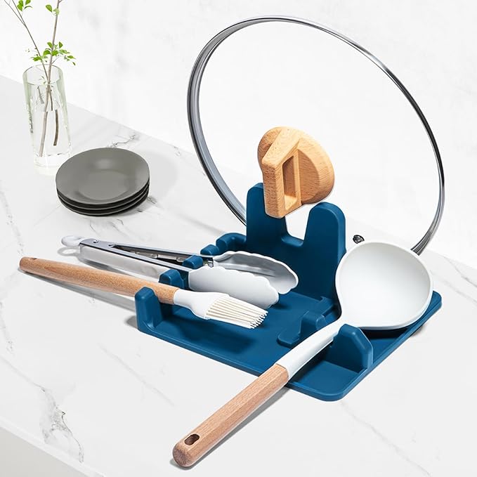 Auoon Silicone Spoon Rest with Lid Holder, 3-in-1 Kitchen Utensil Rest for Soup Ladles, Pot Lids, Spatulas, Spoons, Tongs, BPA Free & Dishwasher Safe, 8.26 x 8.06 Inch (Fog Blue, Large)