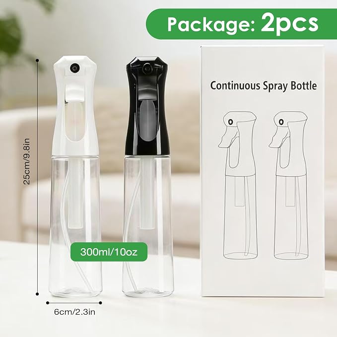 THINTON Mist Spray Bottle for Hair (10oz/300ml) - 2 Pcs | Continuous Spray Bottle for Salons Cleaning Plants Gardening