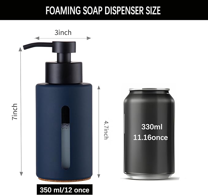 Thick Glass Foaming Soap Dispenser with Clear Window,12oz Blue Bathroom Soap Dispenser with Stainless Steel Pump, Modern Boho Refillable Pump Bottle for Bathroom Kitchen (Foam-Blue)