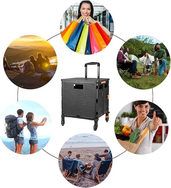 FELICON SELORSS Foldable Utility Cart Folding Portable Rolling Crate Handcart with Heavy Duty Telescoping Handle Collapsible 4 Rotate Wheels for Travel Shopping Move Luggage Office Use(Black+Black)