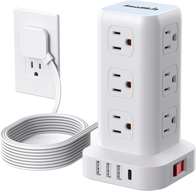 Extension Cord with Multiple Outlets, SMALLRT Flat Plug Power Strip Tower with USB 12 AC Outlets, 6.5FT Ultra Thin Extension Cord Outlet Extender for Home Office, Overload Protection