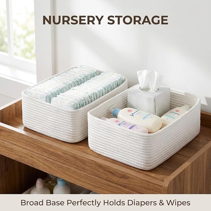 Large Shallow Basket, 15"x11"x5.1", Baskets for Organizing 2 Pack | White Shallow Storage Basket for Organizing, Shelves, Living Room, Nursery, Bathroom, Cotton Rope Basket Organizer