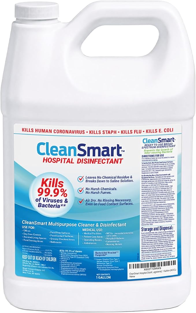 CleanSmart Hospital Disinfectant, Kills 99.9% of Viruses and Bacteria, Hypochlorous Acid Technology, EPA Registered, 4 Gallons (HOCL)