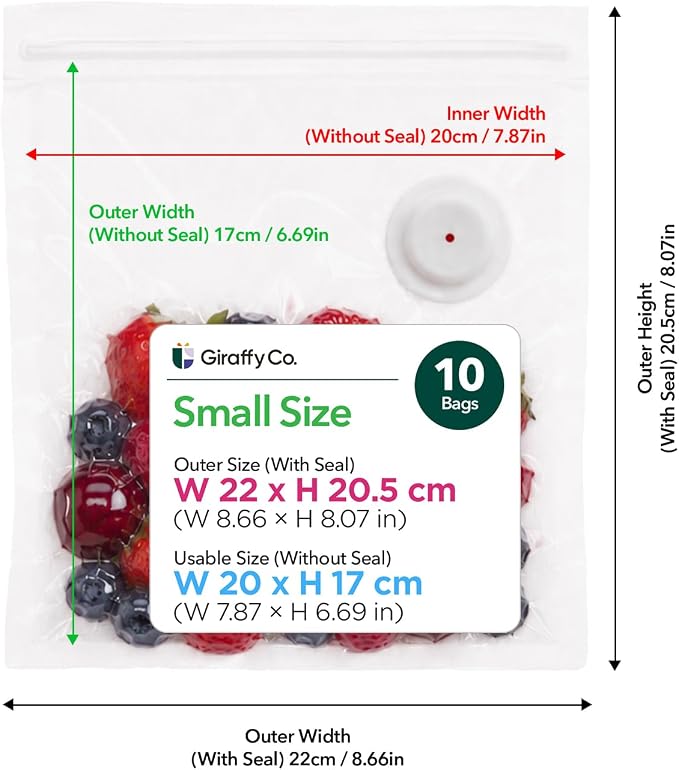 GIRAFFYCO 10 Small Reusable Vacuum Sealer Bags, 8.7 x 8.3 in, Airtight Food | BPA-Free Airtight Bags with Detachable Valve for Handheld Vacuum Sealer, Freezer, Fridge, Meal Prep & Snacks