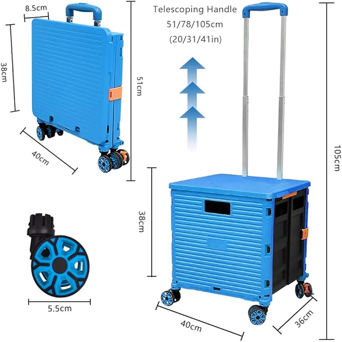 FELICON SELORSS Foldable Utility Cart Folding Portable Rolling Crate Handcart with Durable Heavy Duty Telescoping Handle Collapsible 4 Rotate Wheels for Travel Shop Move Luggage Laundry (Light Blue)