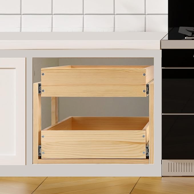 Mulush Pull Out Cabinet Organizer, 26''W×21''D×16''H Soft Close Slide Out Wood Drawer Shelves Storage for Kitchen, 2-Tier, Finished, Heavy-Duty, Bottom Assembly