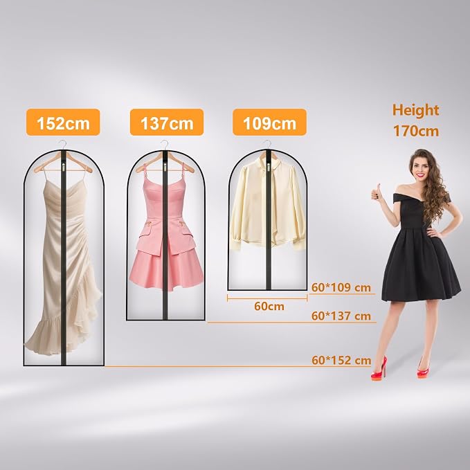 Long Garment Bag for Hanging Clothes Travel, 60'' Dress Bags for Gowns Long Dance Costumes Womens Coats, Suit Bag Clothes Cover for Closet Storage With Handles Pockets and Zipper, Black