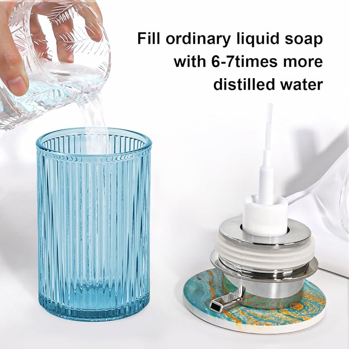 Foaming Soap Dispenser, Bathroom Blue Glass Foam Soap Dispenser, Refillable 12 Oz Foam Pump Bottle Container with Pump, Decorative Slim Ribbed Dish Soap Dispenser for Kitchen