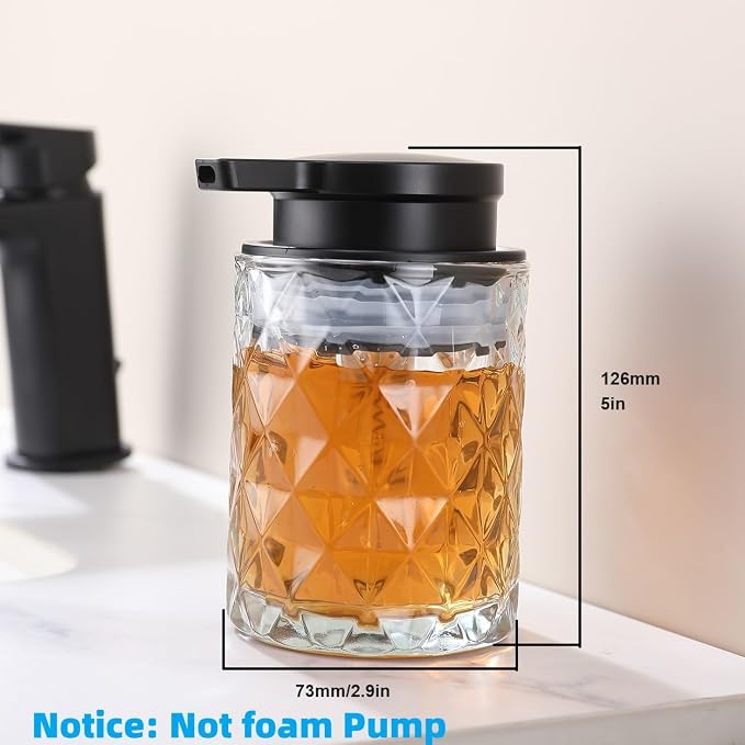 Glass Soap Dispenser Bathroom Soap Dispenser 10 oz Black Pump(Can't Foam), Countertop Refillable Clear Glass Bottle with Large Pump Head Big Cup Mouth Diamond Pattern