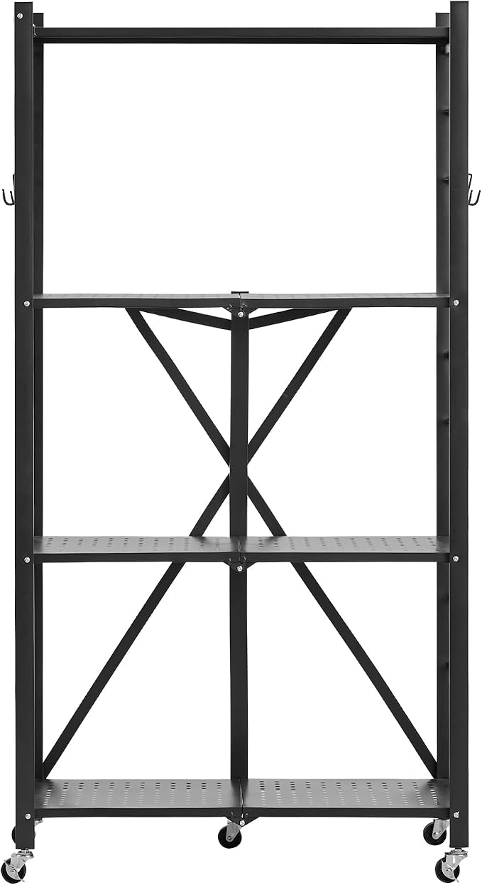 VEVOR 4-Tier Foldable Storage Shelf, 28W x 13D x 54H Inch Folding Metal Rack Shelving Unit, No Assembly Organizer Shelf with 5 Wheels & 4 Hooks for Pantry, Kitchen, Garage, Basement, Black