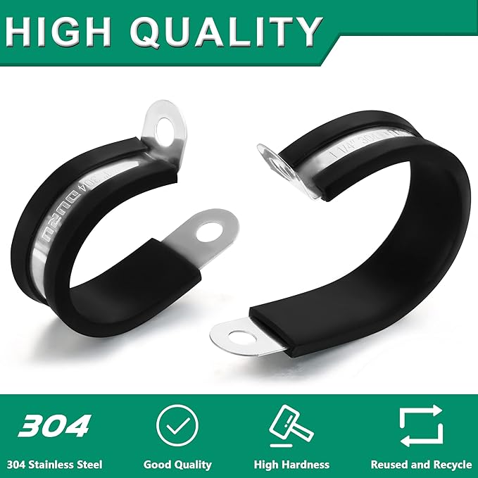 OURU 100PCS Cable Clamps 3/8 Inch 304 Stainless Steel Cable Clamps Rubber Coated Cushioned Insulated Cable Clamp,Automotive Wire Clamps,Pipe Clamps,Metal Clamp for Tube,Wire Cord Installation(10mm)
