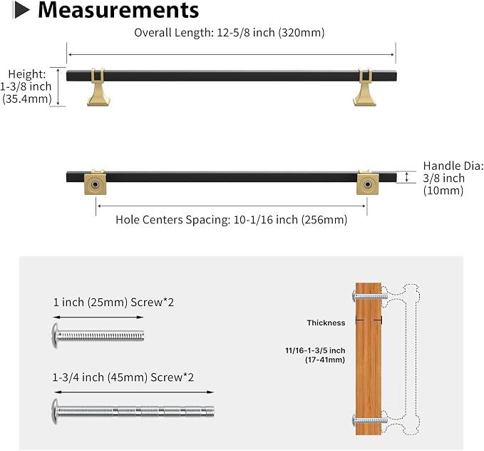 25 Pack 10 Inch (256mm) Black and Gold Cabinet Pulls Kitchen Cabinet Handles, Black and Gold Cabinet Handles Square Dresser Drawer Pulls Black Kitchen Cabinet Hardware