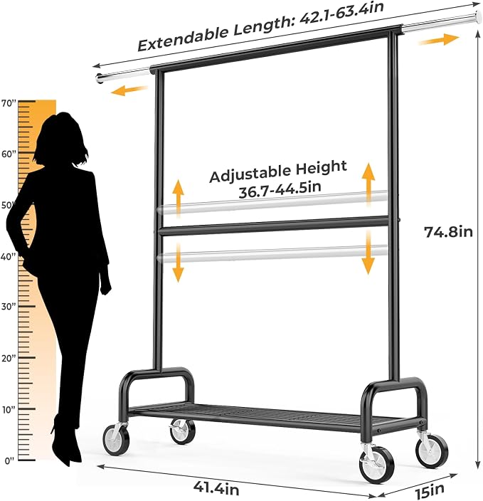 Heavy Duty Clothes Rack Load 860LBS, Double Rods Rolling Clothing Racks for Hanging Clothes, Rolling Garment Rack With Sturdy Wheels Shelves, Portable & Adjustable Commercial Garment Rack, Black