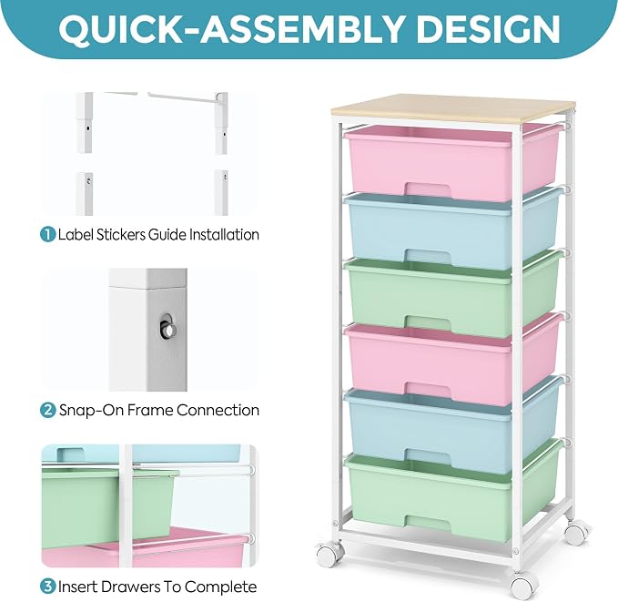 Rolling Storage Cart with 6 Drawers and Wooden Tabletop, Lockable Wheels Utility Cart for Art Studios, Office Supplies & Craft Room Organization (Rainbow)