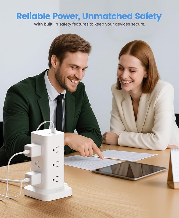 Power Strip Tower with Surge Protector 1800J, Fast Charging Tower PD20W USB-C Ports with 12 AC Outlets, Extension Cord for Home Office Dorm Room, 6ft, White