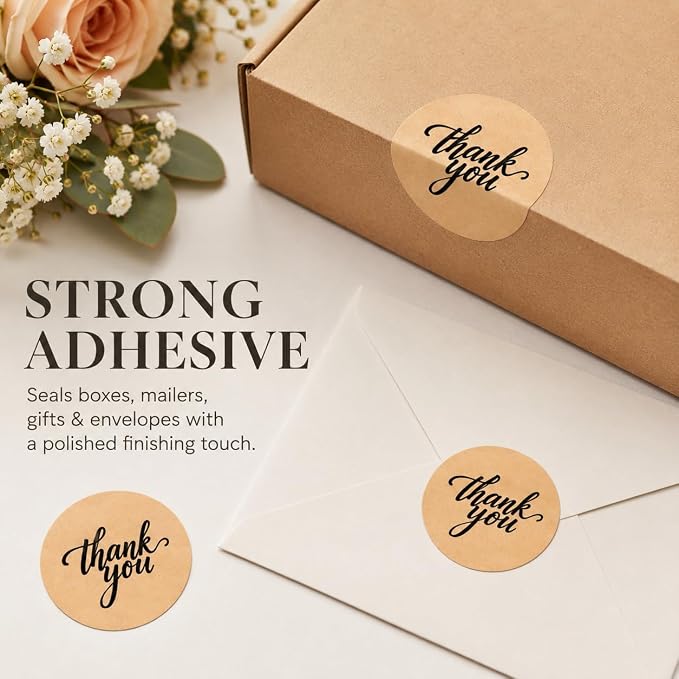 500 Thank You Stickers Roll – 1.5" Round Kraft Paper Labels with Black Script – Self-Adhesive Stickers for Small Business Packaging, Paper Bags, Gift Boxes & Envelopes