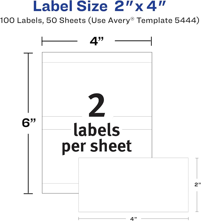Avery® Printable All-Purpose Removable Labels, 2" x 4" White, Write or Print, Great for Organization Projects, 100 Customizable Blank Labels (5444)