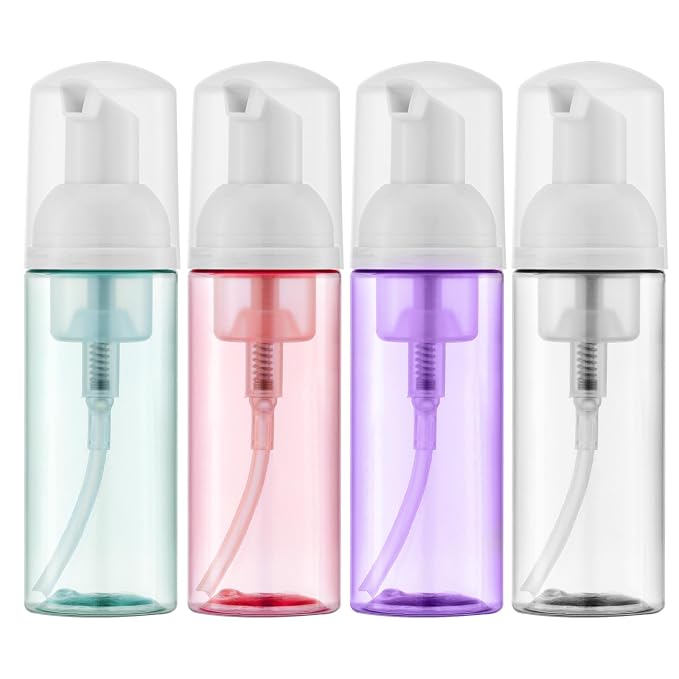 Travel Foam Pump Bottle - 2oz Small Size Foaming Hand Soap Dispenser - Mini Portable Mousse Lash Shampoo Kit Container for Hair - Empty Leak Proof Plastic Color Foamer for Liquid Toiletry 4Pack