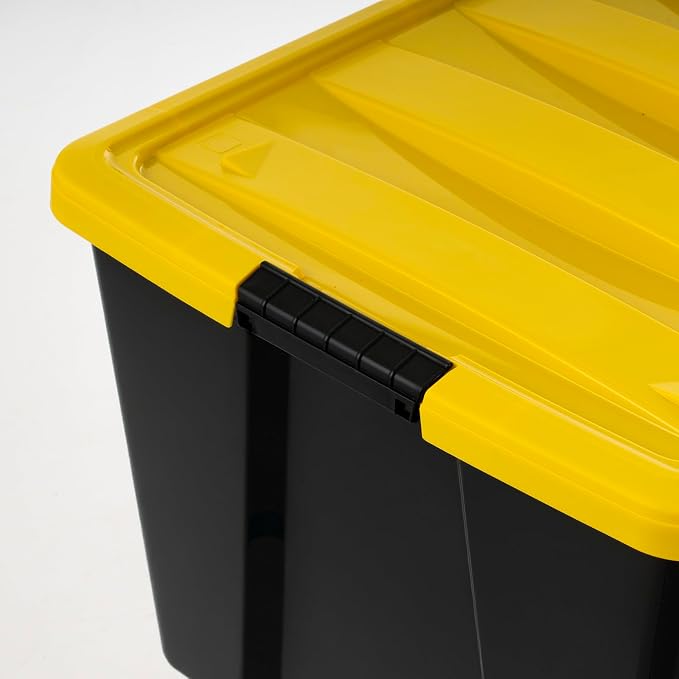 IRIS USA 94 Qt Stackable Plastic Storage Bins with Lids, 4 Pack - BPA-Free, Made in USA - Garage Organizing Solution, Latches, Durable Nestable Containers, Secure Pull Handle - Black/Yellow