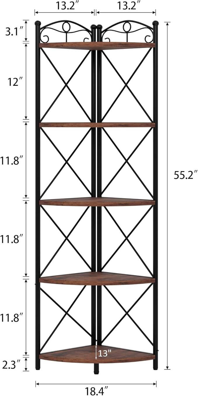 VECELO 5 Tier Corner Shelf Stand, 55.2" Tall Corner Bookshelf, Rustic Brown Storage Standing Shelf for Living Room, Plant Stand &Corner Bookcase for WallCorner, Living Room, Kitchen, Bedroom, Office
