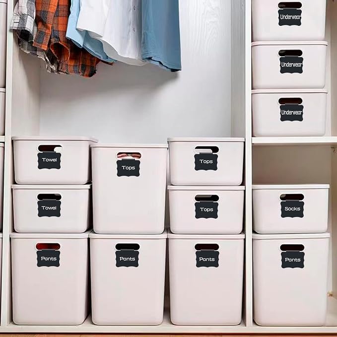 Reusable Storage Bin Labels - Clip On Closet & Basket Holder with 2 White Chalk Labels