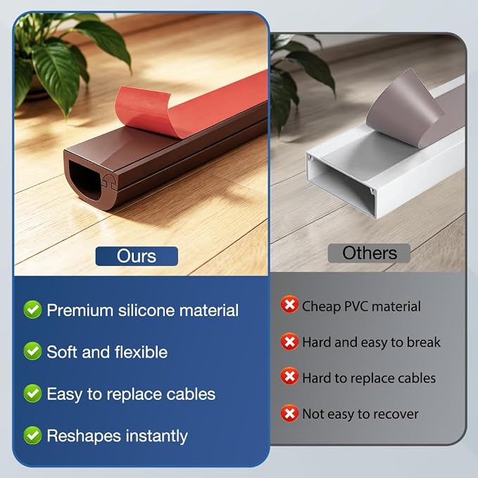 Silicone Cord Covers Wall Self-Adhesive Cord Covers for Wires on Wall Wire Hider Flexible Cable Hider with Side-Opening for Home Office TV Cable Management (0.59" W x 0.39" H x 240" L, Brown)