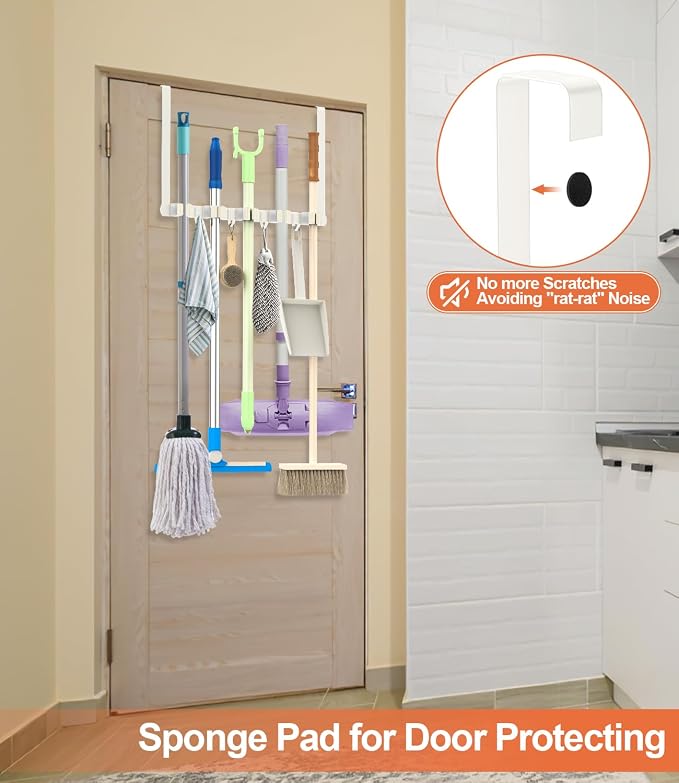 Broom Holder Over The Door with 4 Over Door Hook, Drilling Free Mop - White | Save Space, Metal Mop and Broom Storage Wall Mount Broom Storage Tool Organizer for Laundry Room Garage Kitchen Bathroom