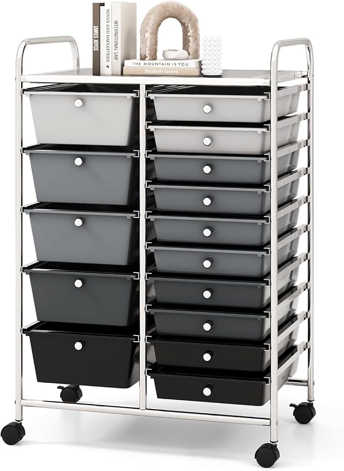 COSTWAY 15 Drawer Rolling Storage Cart, Mobile Storage Organizer | Removable Drawers & Metal Frame, Multipurpose Utility Tools Paper Organizer on Wheels for Home, Office (Mixed Black)