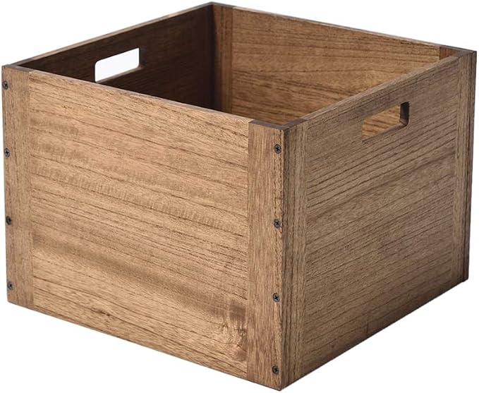 KIRIGEN Stackable Wood Storage Cube with Handles, Open Crate Bin, Brown | Wooden Box and Open Front ,Stackable for Books, Clothes, and Closet Storage, Assembly Required, 14.17 x 14.17 x 10.31 Inch