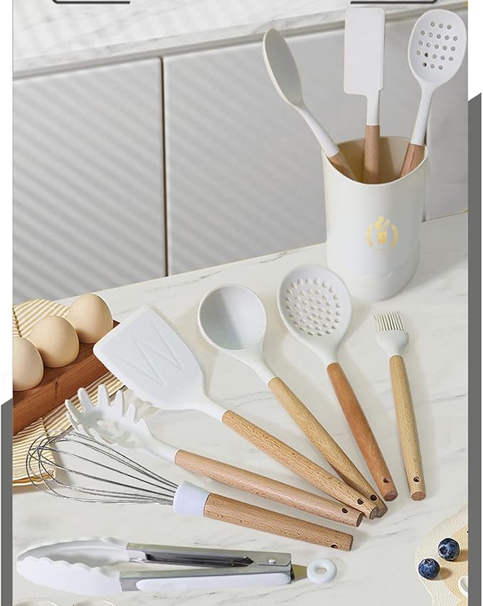 11pcs Silicone Cooking Utensils Spatula Set with Wooden Handle, White Kitchen Gadgets Set for Nonstick Cookware, Include Holder Storage Bucket.