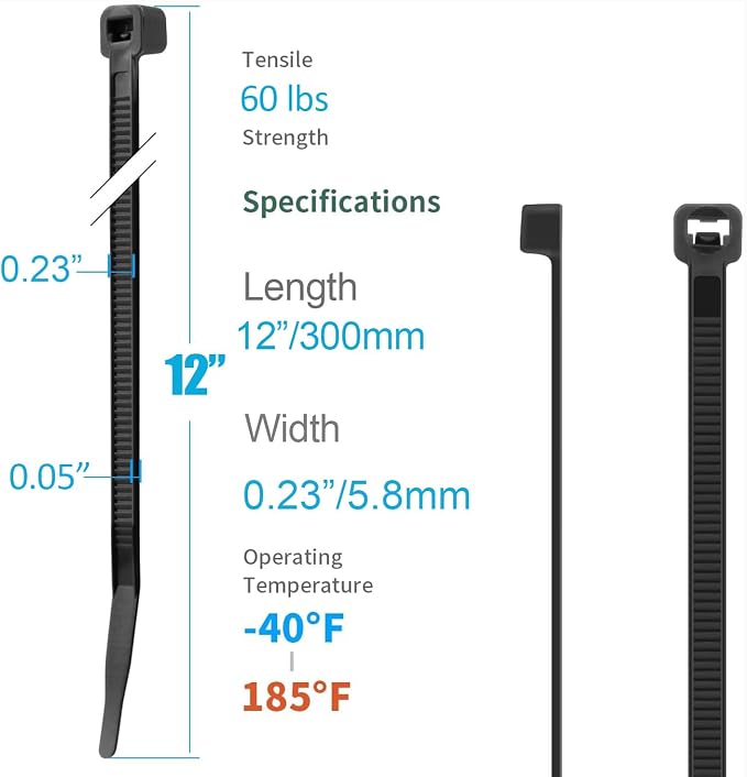 XINGO 12 Inch Black Zip Ties 1200 PCS, 75 LBS Tensile Strength, UV Resistant Cable Ties, Premium Self-locking Plastic Ties for Indoor and Outdoor Use