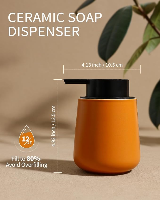 Bosilunlife 12Oz Ceramic Foam Soap Dispenser for Bathroom Kitchen Counter | Premium countertop foam pump creates delicate dense foam, stable desktop placement, Orange