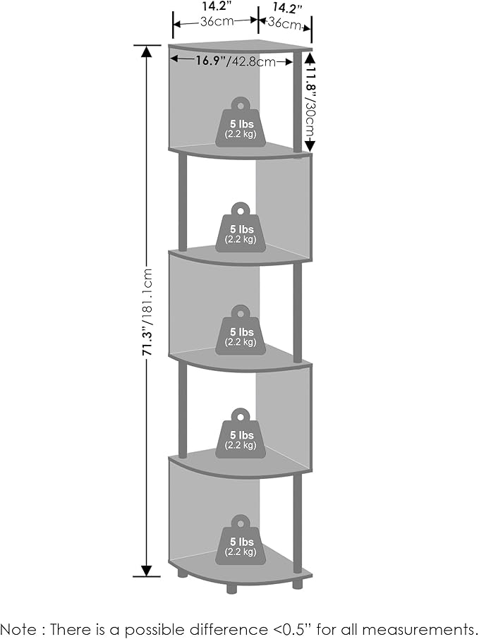 Furinno Basic Book Shelf, 5-Tier Bookshelf, Bookcase with Zigzag Corner Shelf, 14.2 x 14.2 x 71.2, for Living Room, Bedroom, Home Office, White/White