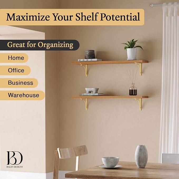 Classic Brass Heavy Duty Shelf Brackets 10 inch by Balin Designs – Gold L Bracket, Wall Mounted Support, Shelving Metal Bracket, Decorative Shelf Brackets, with Hardware Included, Set of 4