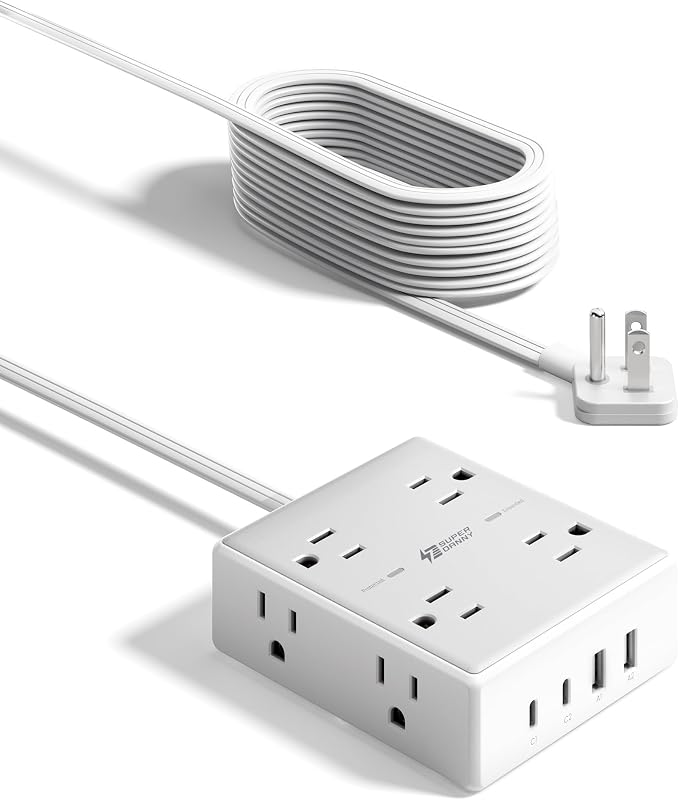 SUPERDANNY Extension Cord,Flat Plug Surge Protector Power Strip,15Ft | 8 AC & 4 USB Ports (2 USB C),Surge Protector with 1050J,Desk Charging Station for Home Office,College Dorm Room Essentials