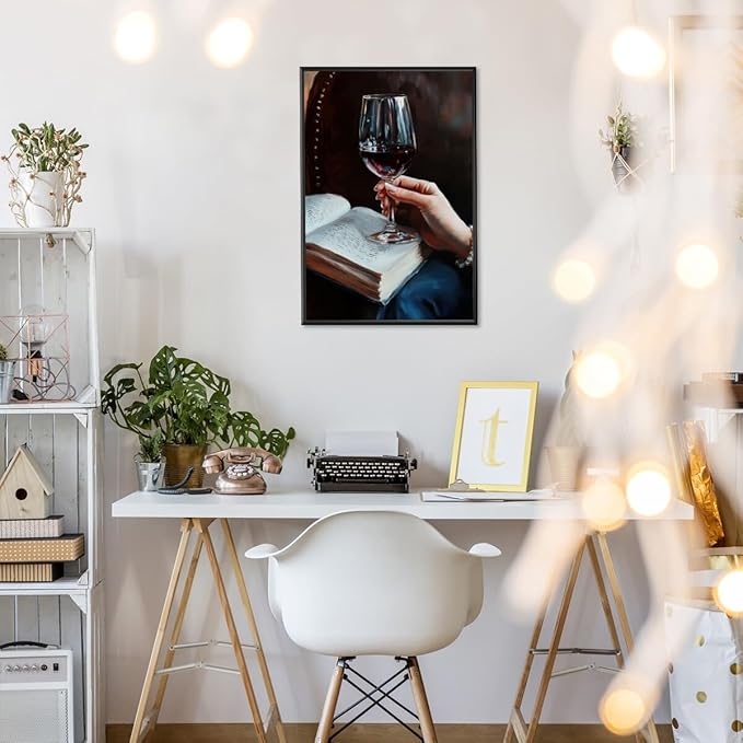 Wine and Book Girl Reading With Drink Art Aesthetic Poster Canvas Wall Art Decoration Living Room Home Decor Bedroom Decoration Poster black framed16x24inch