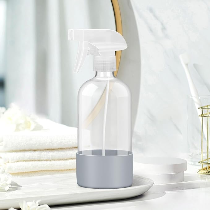 Rionisor Glass Spray Bottles with Silicone Sleeve Protection, Empty 16 oz Refillable Containers, Reusable Spray Bottles with Adjustable Nozzle for Hair, Cleaning Solutions, Essential Oils 1 Pack Grey