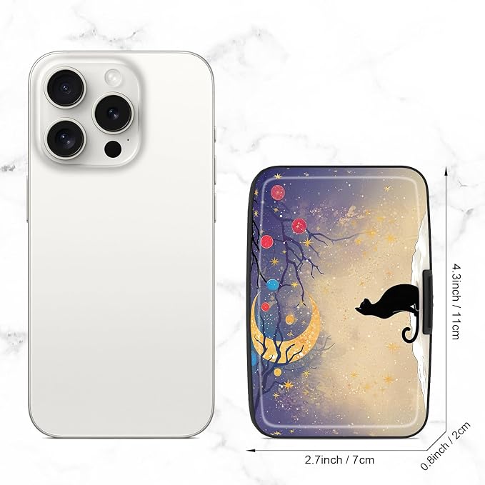 Credit Card Holder, Mini Aluminum Card Wallet RFID Blocking Slim Metal Hard Card Case for Women Men, Moonlight Cat