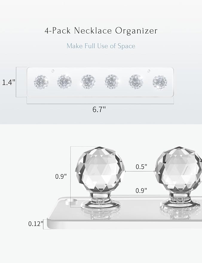 Heesch Necklace Hanger, Wall Necklace Holder, Acrylic Jewelry Organizer | Wall Mount Jewelry Hooks for Necklaces, Bracelets & Chains, Hanging Organizer and Storage, 4-Pack Clear Short