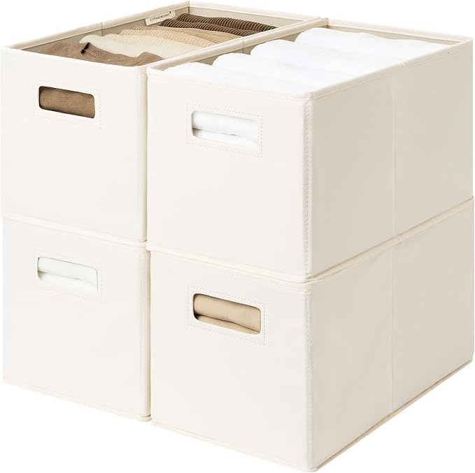 StorageWorks Fabric Storage Bins for Shelves, Closet Organizers and Storage Baskets, Collapsible Storage Bins with Cutout Handles, Medium, 4-Pack, Ivory
